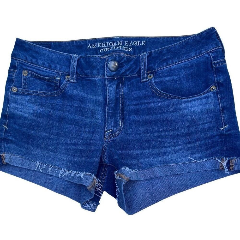 American Eagle Outfitters Shortie Women's Sz 8 Blue Super Stretch Cuffed Raw Hem